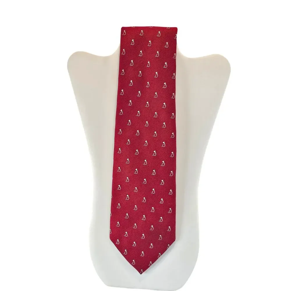 Mens Red Silk Necktie White French Horn Micro Pattern Classic Tie 58” 3.75”